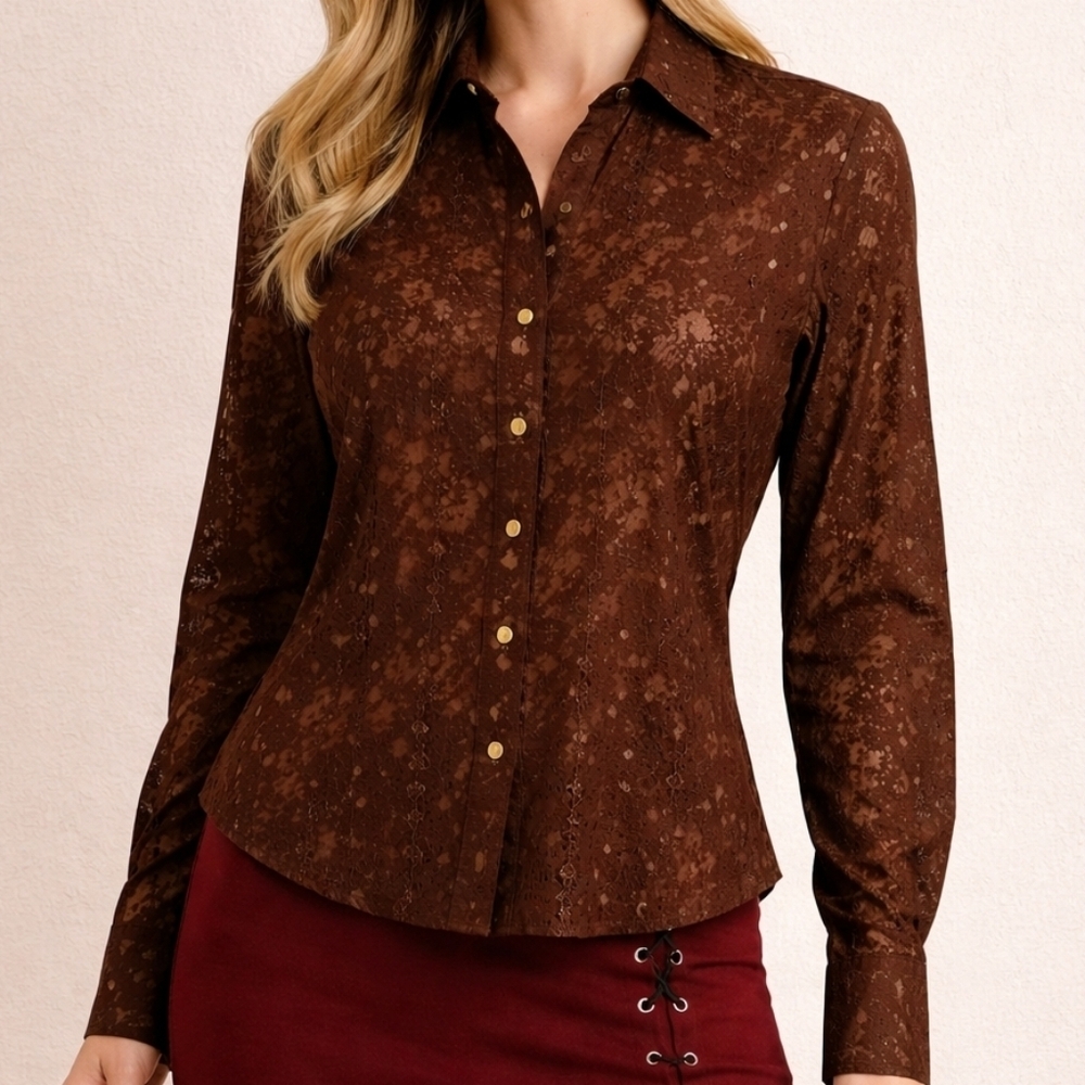CRUEL GIRL Brownk Sheer Floral Eyelet Long Sleeve Snap Button Western Shirt